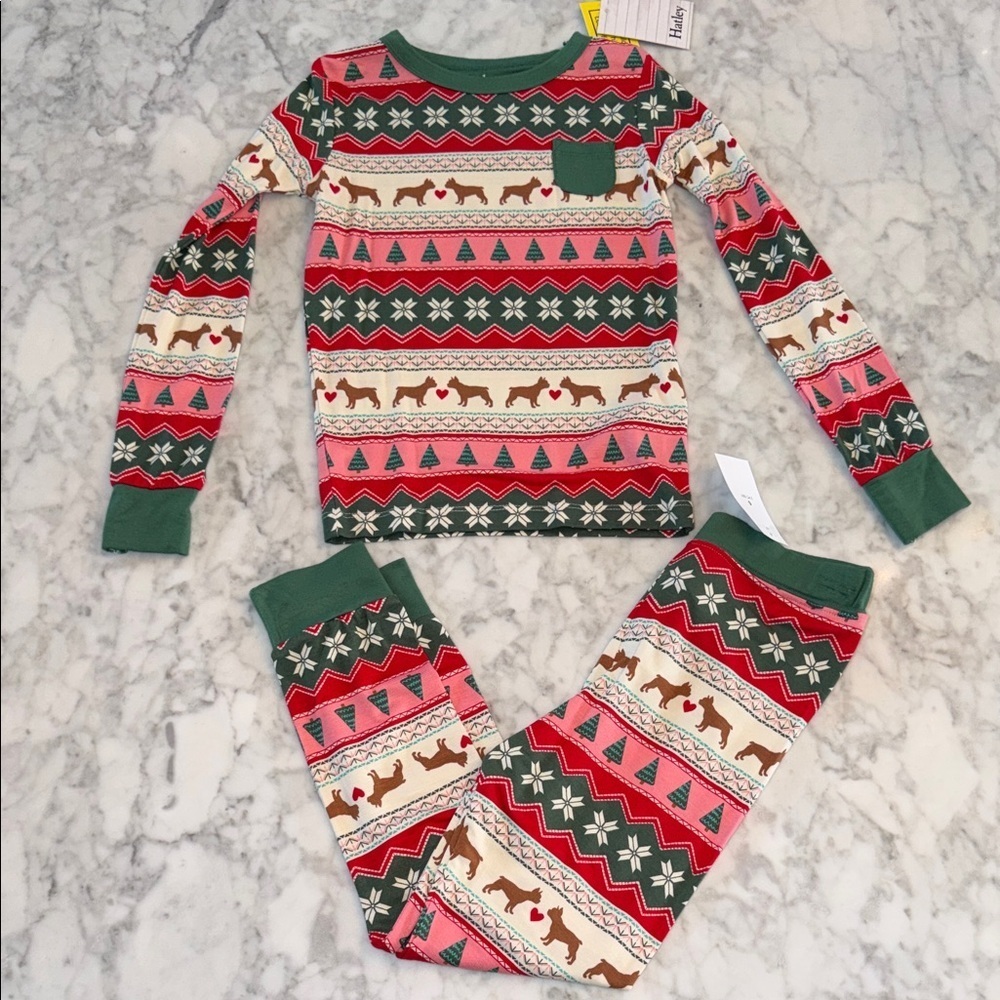 NWT Hatley Kids Pajama Set with Reindeer and Tree Design